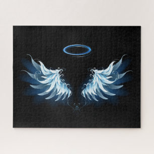 Blue Glowing Angel Wings on black background Jigsaw Puzzle