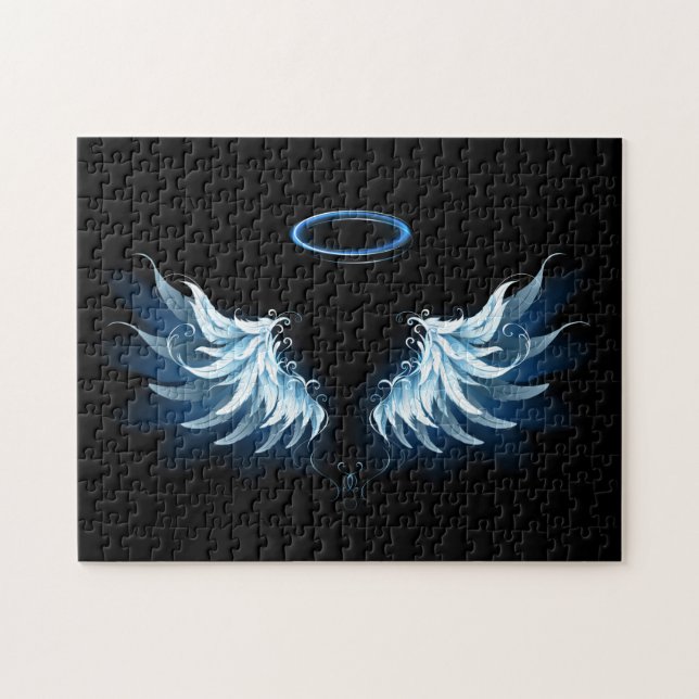 Blue Glowing Angel Wings on black background Jigsaw Puzzle (Horizontal)