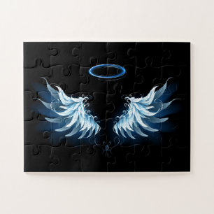 Blue Glowing Angel Wings on black background Jigsaw Puzzle