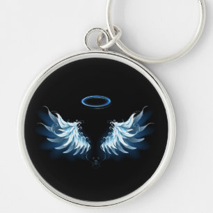 Blue Glowing Angel Wings on black background Keychain