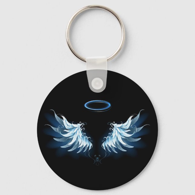 Blue Glowing Angel Wings on black background Keychain (Front)
