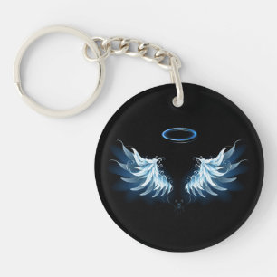 Blue Glowing Angel Wings on black background Keychain