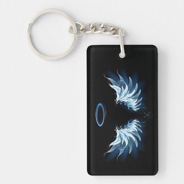 Blue Glowing Angel Wings on black background Keychain (Front)