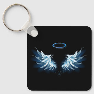 Blue Glowing Angel Wings on black background Keychain