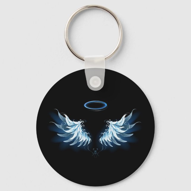 Blue Glowing Angel Wings on black background Keychain (Front)