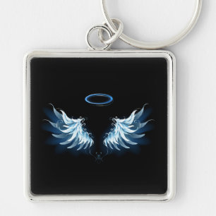 Blue Glowing Angel Wings on black background Keychain