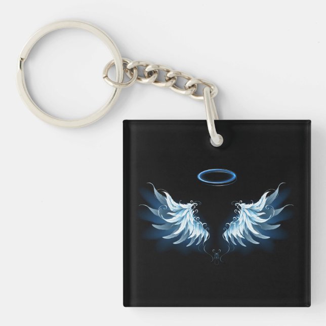 Blue Glowing Angel Wings on black background Keychain (Front)