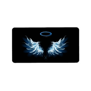 Blue Glowing Angel Wings on black background Label