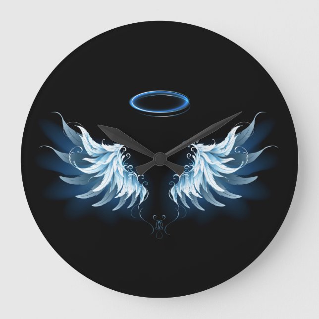 Blue Glowing Angel Wings on black background Large Clock (Front)