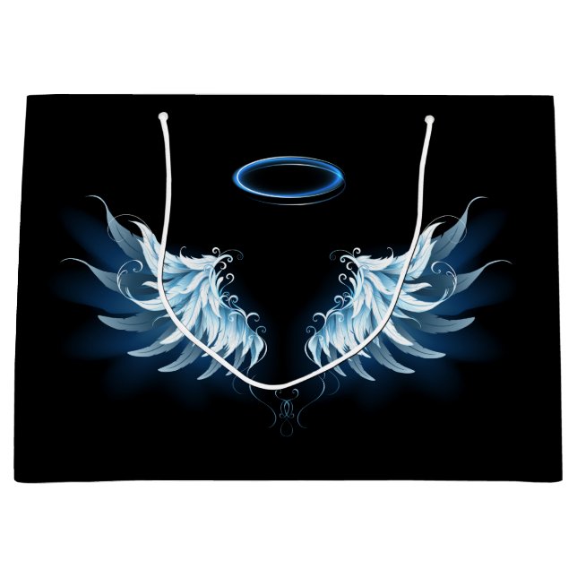 Blue Glowing Angel Wings on black background Large Gift Bag (Front)