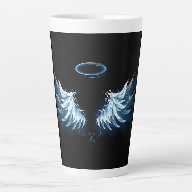 Blue Glowing Angel Wings on black background Latte Mug (Front)