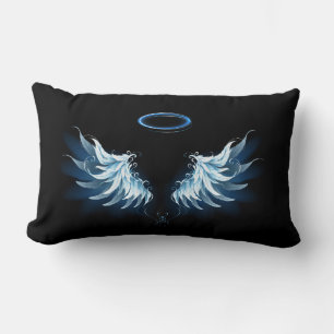 Blue Glowing Angel Wings on black background Lumbar Pillow