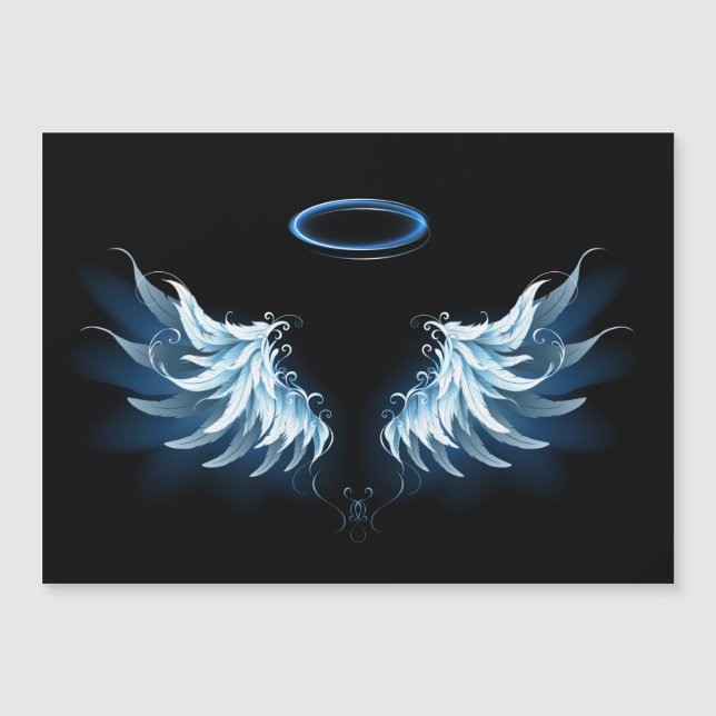 Blue Glowing Angel Wings on black background Magnetic Invitation (Front)