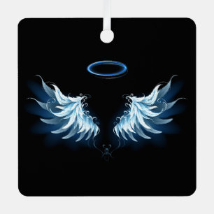 Blue Glowing Angel Wings on black background Metal Ornament