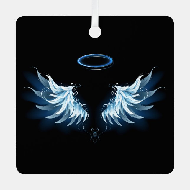 Blue Glowing Angel Wings on black background Metal Ornament (Front)