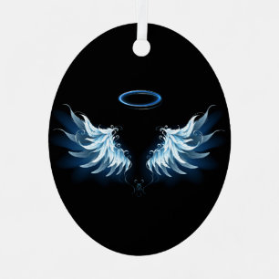 Blue Glowing Angel Wings on black background Metal Ornament