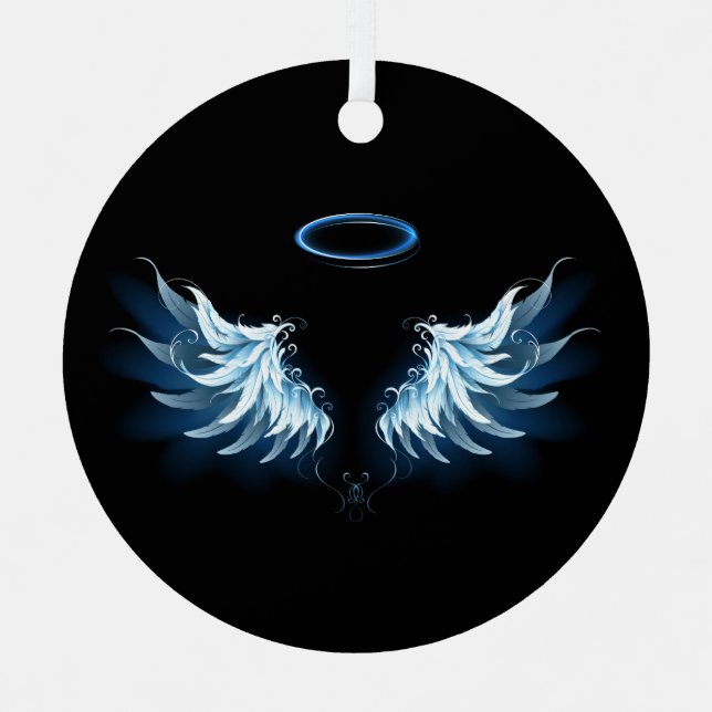 Blue Glowing Angel Wings on black background Metal Ornament (Front)