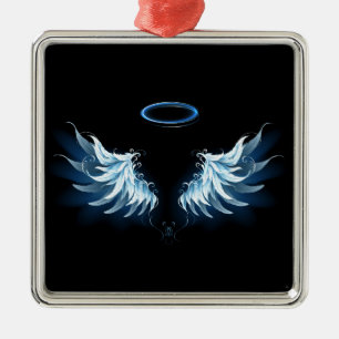 Blue Glowing Angel Wings on black background Metal Ornament