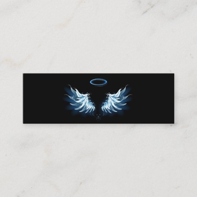 Blue Glowing Angel Wings on black background Mini Business Card (Front)