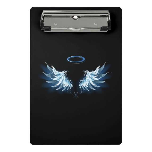 Blue Glowing Angel Wings on black background Mini Clipboard (Front)