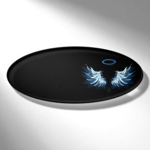 Blue Glowing Angel Wings on black background Name Tag