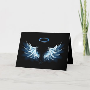 Blue Glowing Angel Wings on black background Note Card