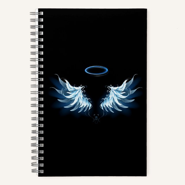Blue Glowing Angel Wings on black background Notebook (Front)