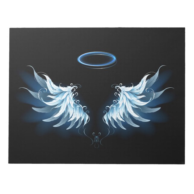 Blue Glowing Angel Wings on black background Notepad (Front)
