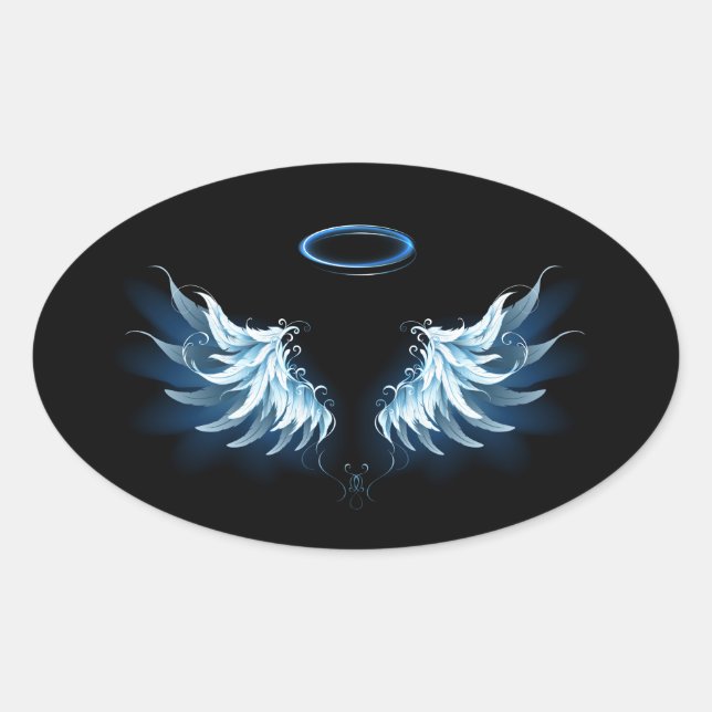 Blue Glowing Angel Wings on black background Oval Sticker (Front)
