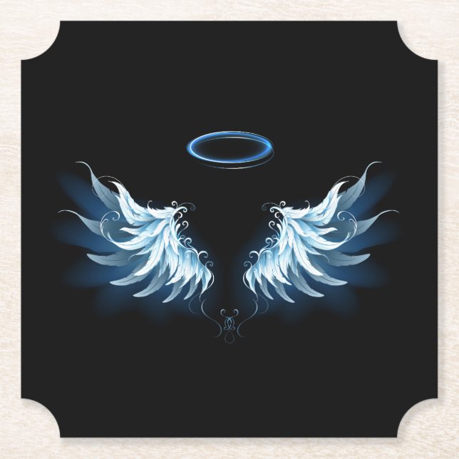 Blue Glowing Angel Wings on black background Paper Coaster (Front)