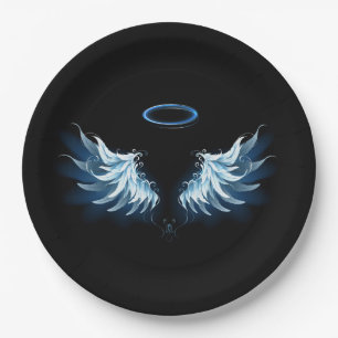 Blue Glowing Angel Wings on black background Paper Plate