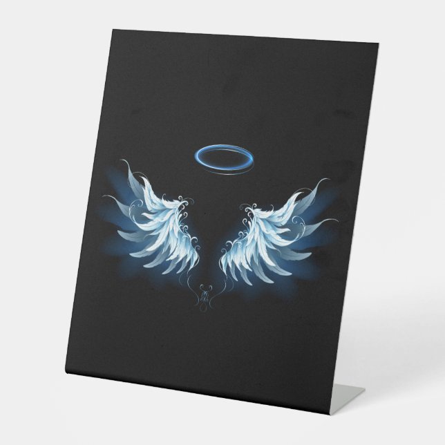 Blue Glowing Angel Wings on black background Pedestal Sign (Front)