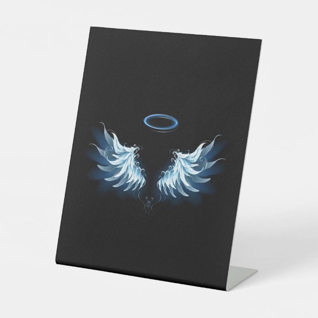 Blue Glowing Angel Wings on black background Pedestal Sign (Front)