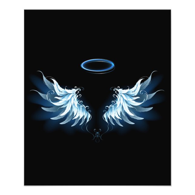 Blue Glowing Angel Wings on black background Photo Print (Front)