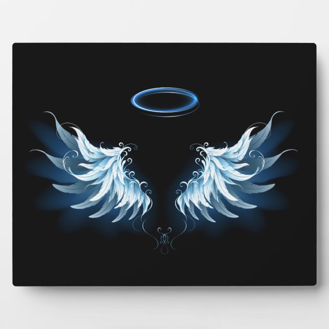 Blue Glowing Angel Wings on black background Plaque (Front)