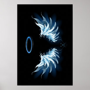 Blue Glowing Angel Wings on black background Poster