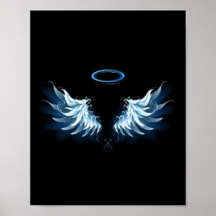 Blue Glowing Angel Wings on black background Poster