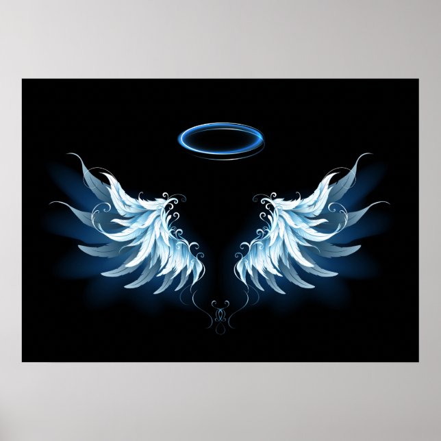 Blue Glowing Angel Wings on black background Poster (Front)