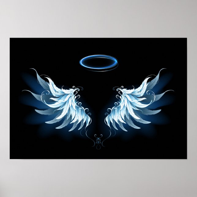 Blue Glowing Angel Wings on black background Poster (Front)