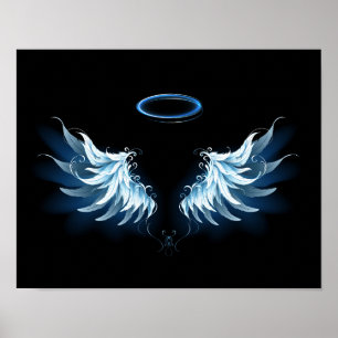 Blue Glowing Angel Wings on black background Poster