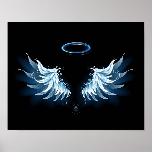Blue Glowing Angel Wings on black background Poster (Front)
