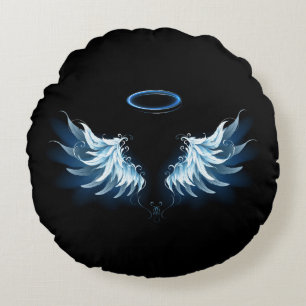 Blue Glowing Angel Wings on black background Round Pillow