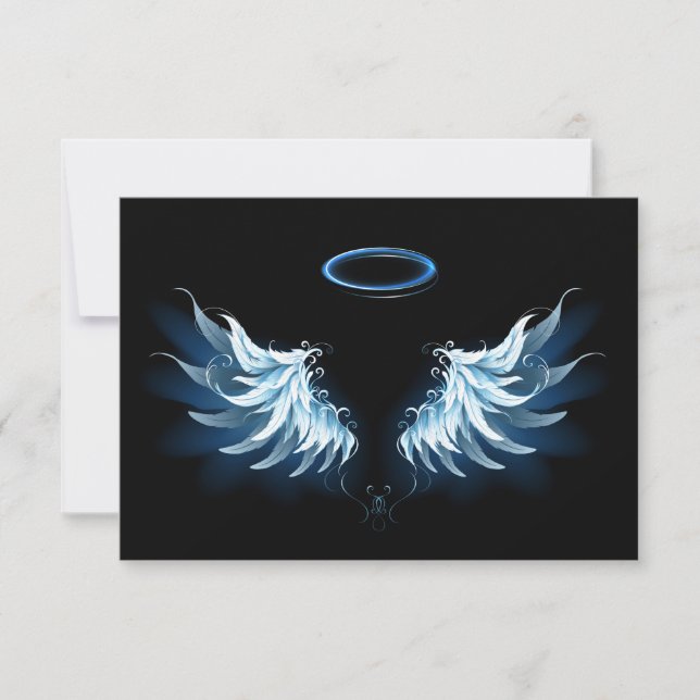 Blue Glowing Angel Wings on black background RSVP Card (Front)