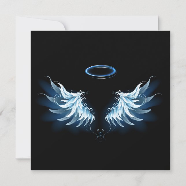 Blue Glowing Angel Wings on black background Save The Date (Front)