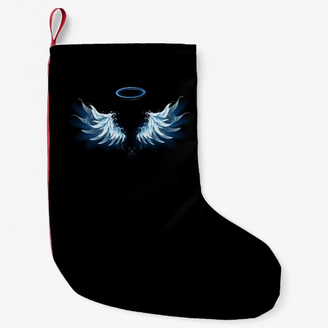 Blue Glowing Angel Wings on black background Small Christmas Stocking (Front)