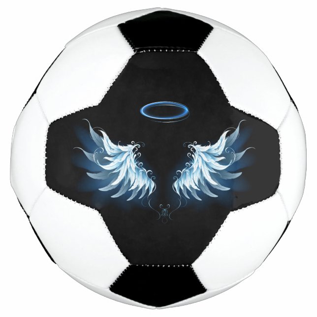 Blue Glowing Angel Wings on black background Soccer Ball (Front)