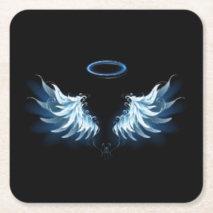 Blue Glowing Angel Wings on black background Square Paper Coaster