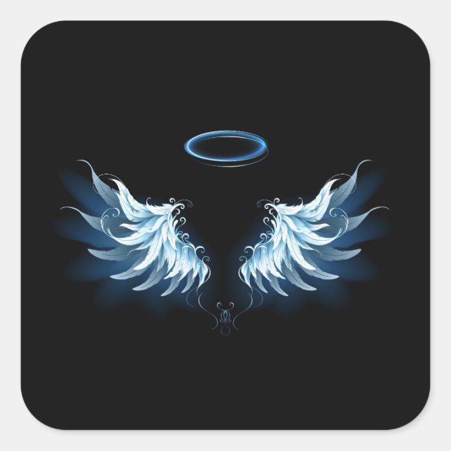 Blue Glowing Angel Wings on black background Square Sticker (Front)