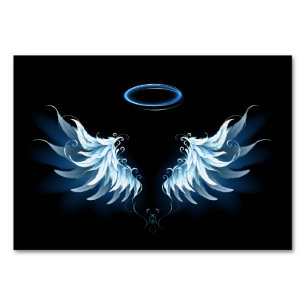 Blue Glowing Angel Wings on black background Table Number