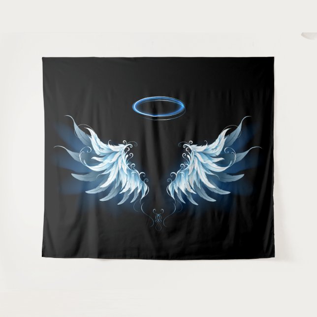 Blue Glowing Angel Wings on black background Tapestry (Front (Horizontal))